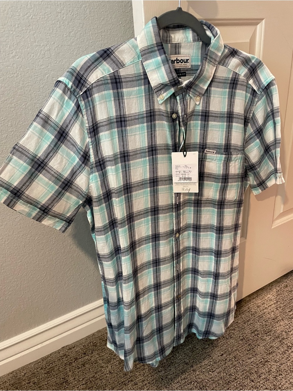 Barbour Men's Short-Sleeve Plaid Button-Down Shirt - Aqua and Gray